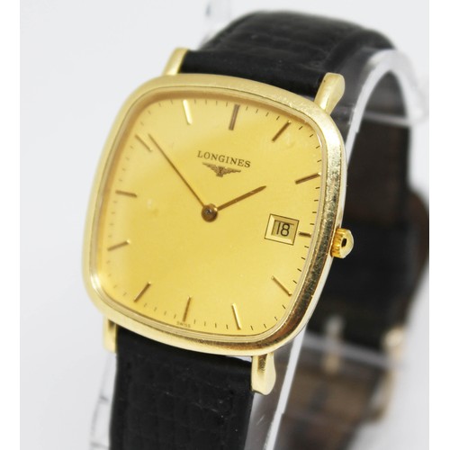 56 - A Longines 18ct gold quartz wristwatch, case width 32mm, later leather strap.