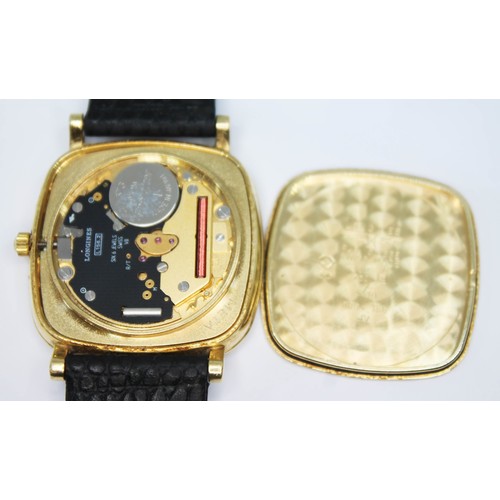 56 - A Longines 18ct gold quartz wristwatch, case width 32mm, later leather strap.