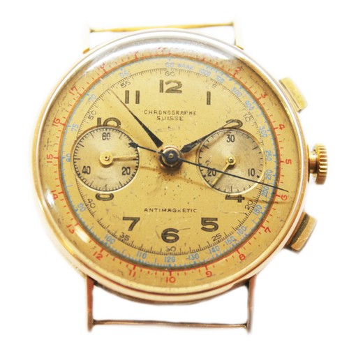 46 - A Swiss 18ct gold chronograph wristwatch, circa 1950s, case diam. 35mm, gold tone dial with outer nu... 