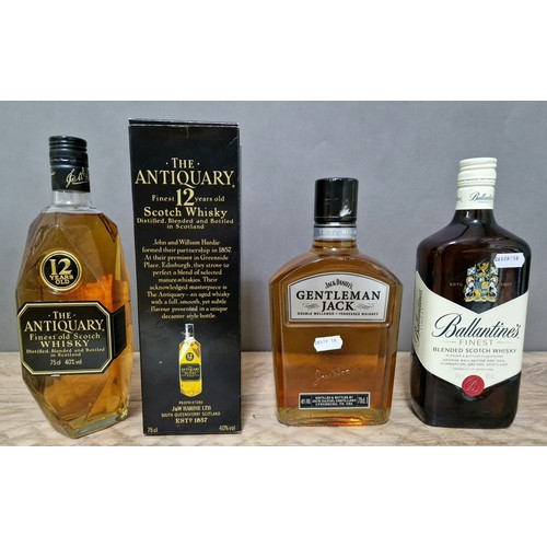 90 - Three bottles of whiskey; The Antiquary 12 year old Scotch Whiskey, Jack Daniels Gentleman Jack and ... 