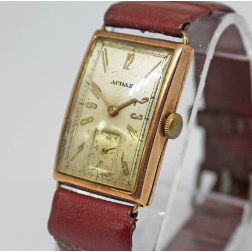 26 - An Art Deco Audax 9ct gold wristwatch, case width 22mm, leather strap.