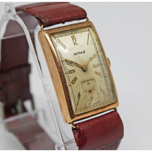 26 - An Art Deco Audax 9ct gold wristwatch, case width 22mm, leather strap.