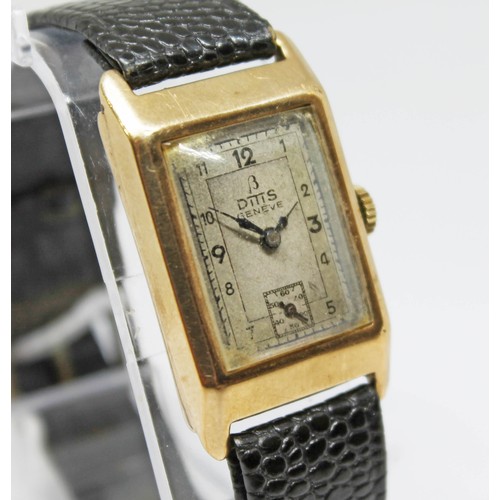 27 - An Art Deco Ditis 9ct gold wristwatch, case width 22mm, 15 jewel manual wind movement, leather strap... 