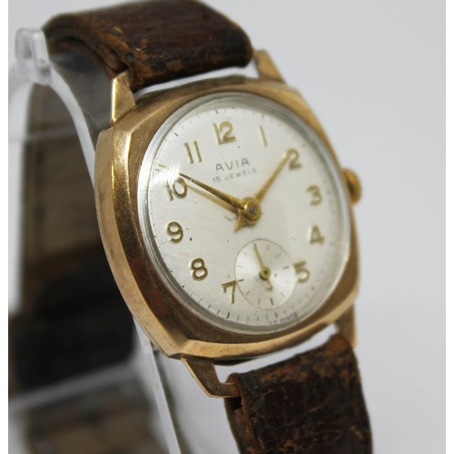 25 - An Avia 9ct gold 15 jewel manual wind wristwatch, case diam. 29mm, leather strap.