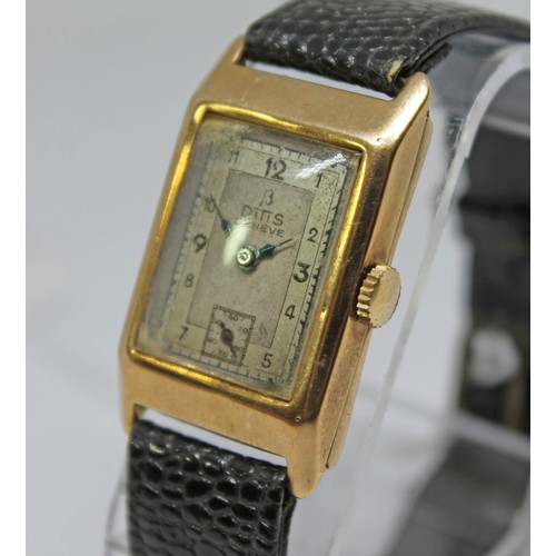 27 - An Art Deco Ditis 9ct gold wristwatch, case width 22mm, 15 jewel manual wind movement, leather strap... 