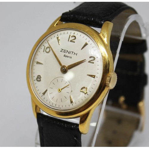 21 - A Zenith Sporto gold plated wristwatch, circa 1960, case diam. 34mm, leather strap.