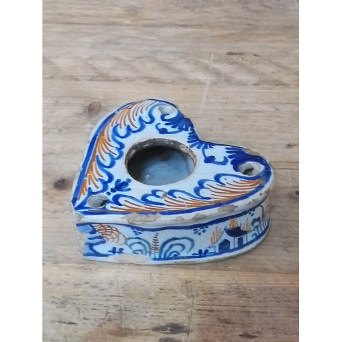 109 - A Dutch delft 18th century heart shaped inkwell, length 13cm.