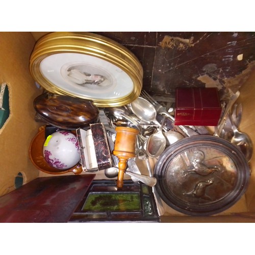 157 - A box of assorted items including a rough copy of 'Voyages and Travels', silver plated flatware, a w... 