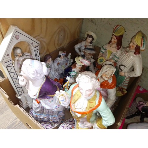 163 - A box of Staffordshire pottery and bisque figures.