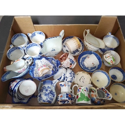 144 - A box of English pottery and porcelain, 18th century and later including Worcester etc.