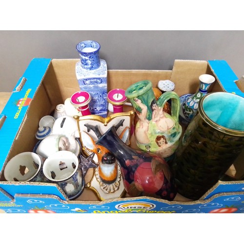 147 - A box of assorted ceramics including a Moorcroft pottery vase (restored), a pottery vase with decora... 