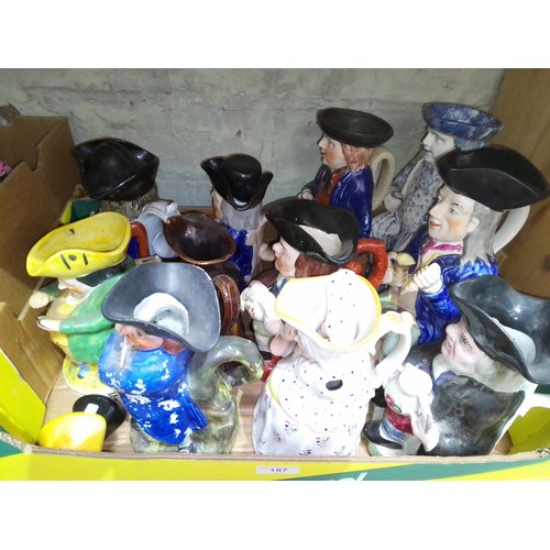 187 - A box of assorted mainly Staffordshire pottery toby jugs.