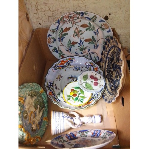 159 - A box of assorted continental ceramics including delft, Quimper etc.