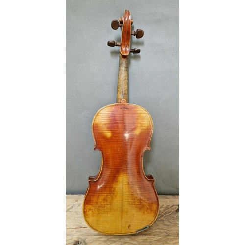 204 - A late 19th/early 20th century violin stamped
Stainer to back, 2 piece back, length 357mm, with
case... 