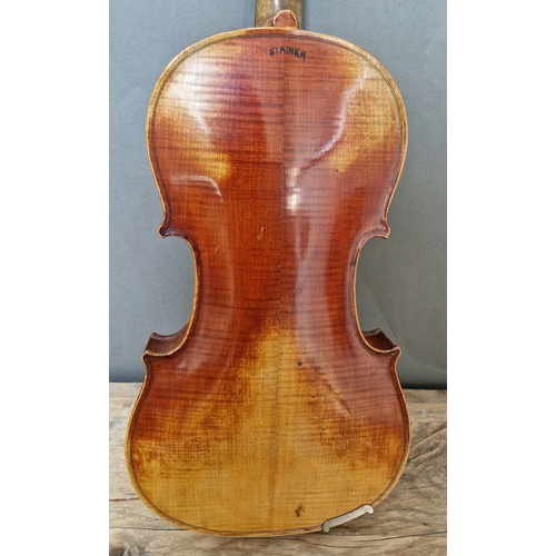 204 - A late 19th/early 20th century violin stamped
Stainer to back, 2 piece back, length 357mm, with
case... 