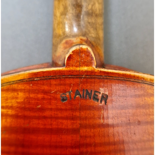 204 - A late 19th/early 20th century violin stamped
Stainer to back, 2 piece back, length 357mm, with
case... 