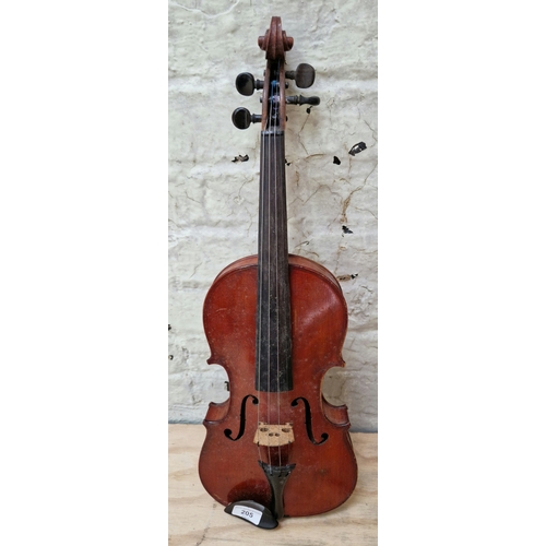 205 - A Stradivarius copy violin, two piece back, length 360mm, in case with bow.