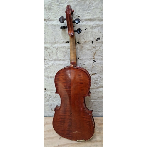 205 - A Stradivarius copy violin, two piece back, length 360mm, in case with bow.