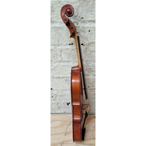 205 - A Stradivarius copy violin, two piece back, length 360mm, in case with bow.