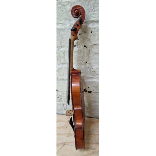 205 - A Stradivarius copy violin, two piece back, length 360mm, in case with bow.