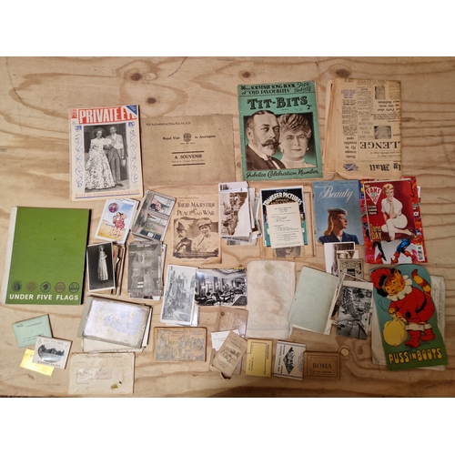 225 - A box of mixed ephemera comprising postcards, photographs, Royal ephemera, comics, etc.