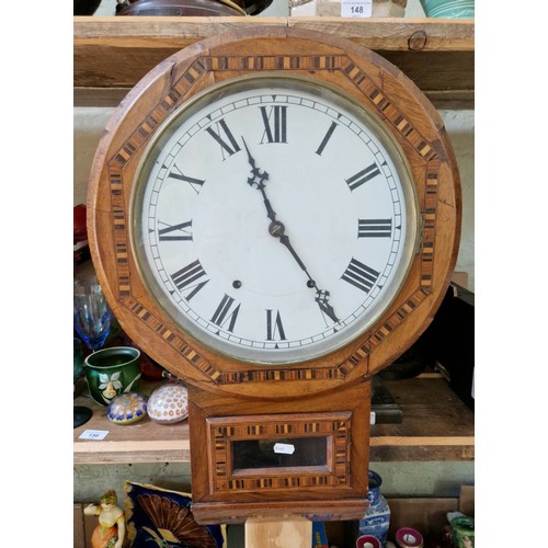 211 - A Victorian inlaid walnut drop dial wall clock, 2 train spring driven, length 66cm.