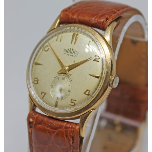 17 - A Gradus 9ct gold 17 jewel wristwatch, case diam. 32mm, later leather strap.