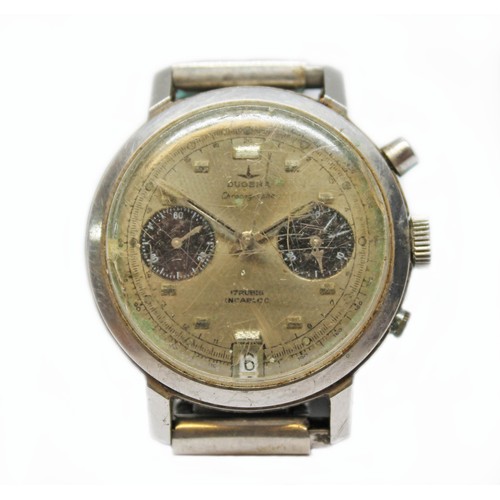 15 - A Dugena stainless steel chronograph wristwatch, circa 1970, diam. 38mm, silvered dial with two blac... 