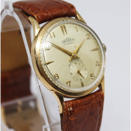 17 - A Gradus 9ct gold 17 jewel wristwatch, case diam. 32mm, later leather strap.