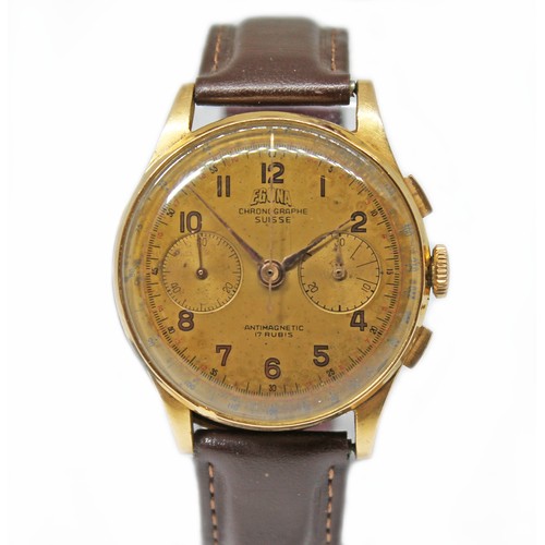 6 - An Egona 18ct gold chronograph wristwatch, circa 1950s, diam. 36mm, signed dial with Arabic numerals... 