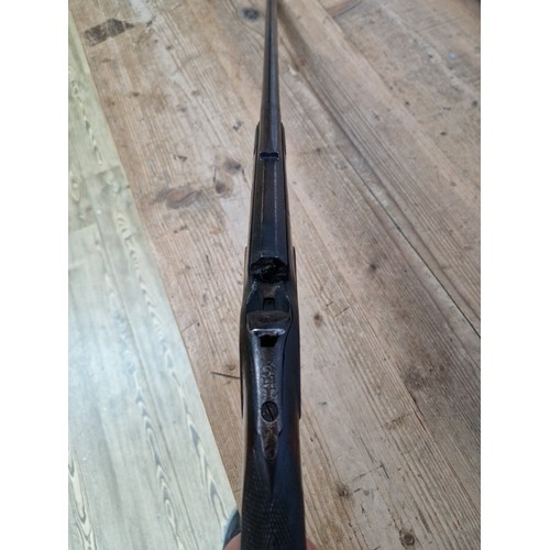 16 - An antique percussion rifle with curved walnut butt, 101cm long, barrel sealed. Note:- no in-house P... 