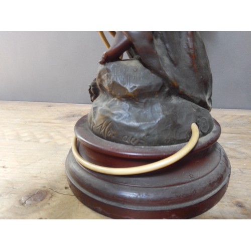 150 - A pair of Art Nouveau patinated spelter lamp bases after Moreau, height 64cm.