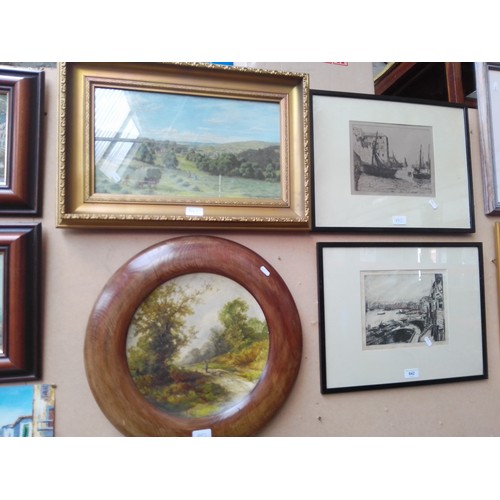 842 - Two etchings by Joseph Knight, harbour scenes, a framed painted plate and a gilt framed picture.