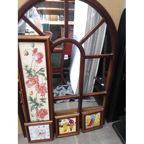 824 - Various framed ceramic tiles and a mirror.