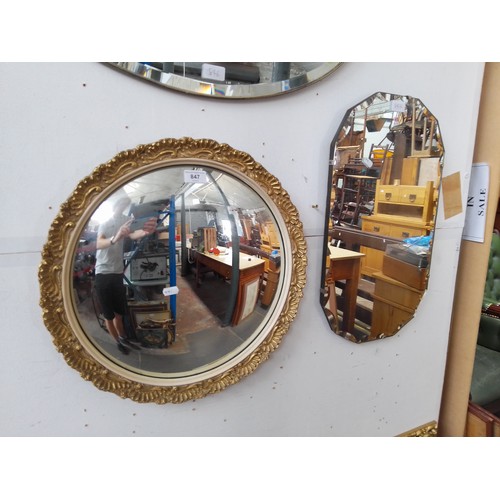 847 - A 1930s frameless wall mirror together with a vintage gilt framed convex mirror.