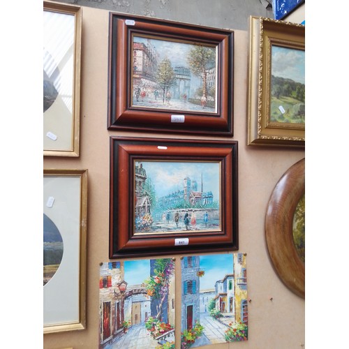 841 - Two oil paintings, French street scenes, after Burnett and two loose oil paintings.