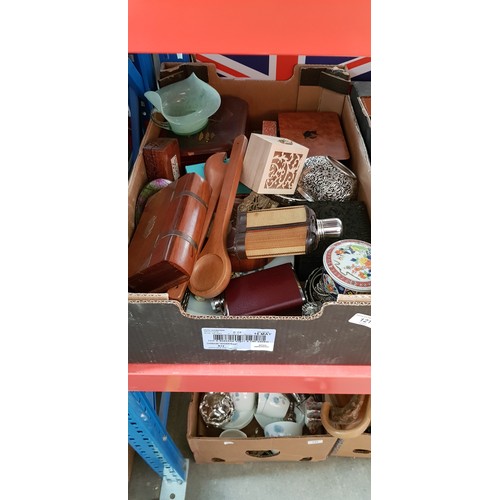 121 - A box of treen, collectables, trinket boxes, flasks, etc.