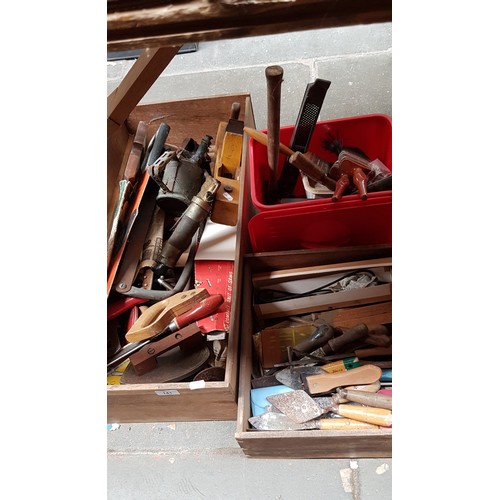 141 - 3 boxes of tools, grease gun, blow lamp, plane, saws & a ridge tent etc.