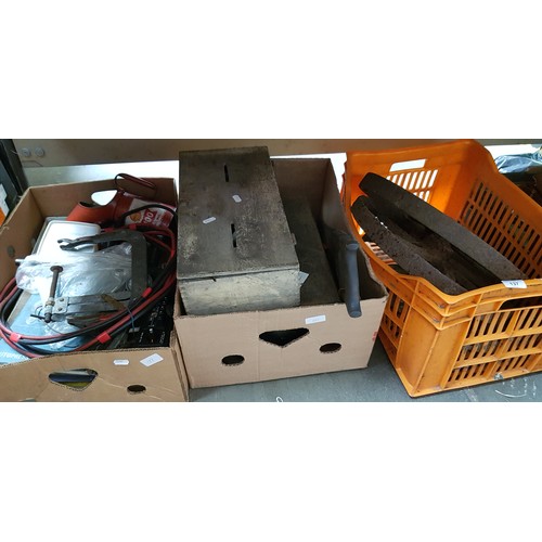 137 - 2 boxes of various tools / garageware together with with 3 metal valve handles.