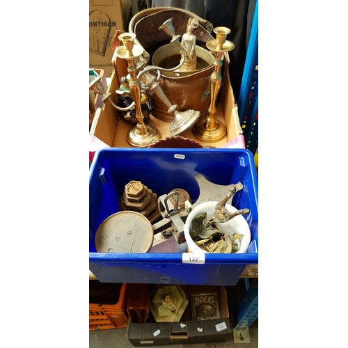 132 - Two boxes of metal-ware to include copper coal scuttle, candlesticks, weighing scales, etc.