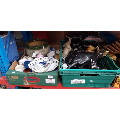 182 - A box of ceramics, pottery, Royal memorabilia, etc and a box of mainly elephants to include gesso, p... 