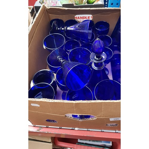 195 - A box of blue glass.