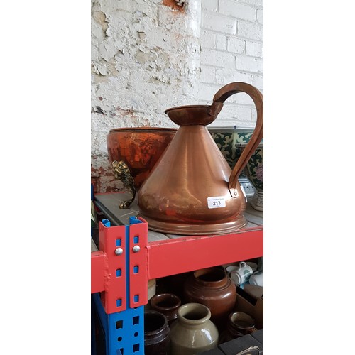 213 - A copper pitcher and a copper planter.