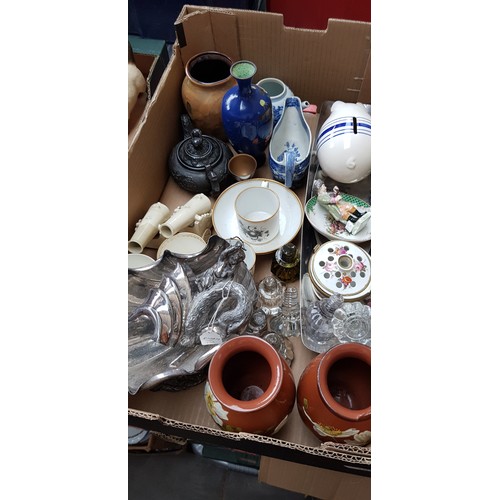 196 - A box of mixed pottery and metalware including Doulton Lambeth vases, Keswick metalware, Ralph Laure... 