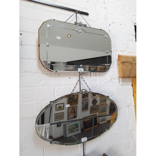 861 - Two 1930s Art Deco wall mirrors with chrome surmounts, one with etched glass 56cm x 35cm, the other ... 