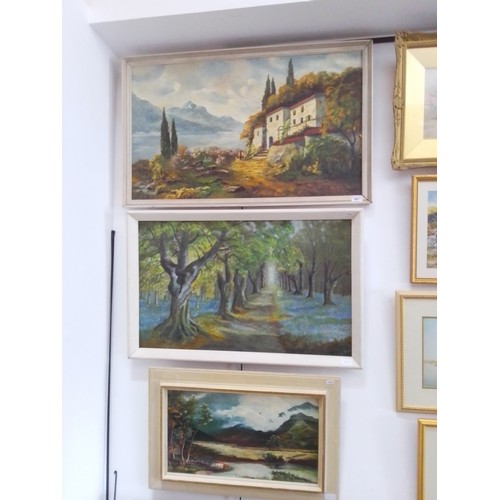 867 - Three original works by R Roberts (British, 20th century), oil on board, landscape scenes, 88cm x 52... 