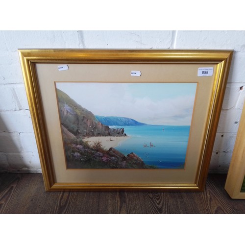 858 - R Raymond (British, 20th century), coastal scene, gouache (37cm x 27cm), signed to lower right, fram... 