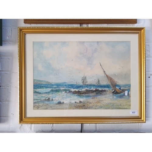 855 - J Hughes Clayton (Welsh, active 1870-1930), watercolour, coastal scene with boats (52cm x 36cm), sig... 