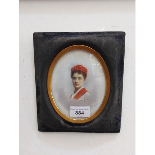 884 - A 19th century miniature portrait on porcelain (10cm x 12.5cm), indistinctly signed to lower right, ... 