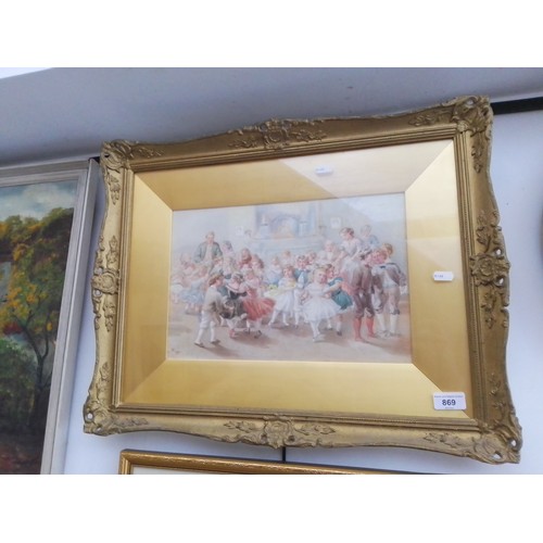 869 - 19th century school, watercolour, interior scene with children dancing (37cm x 24cm), signed and dat... 